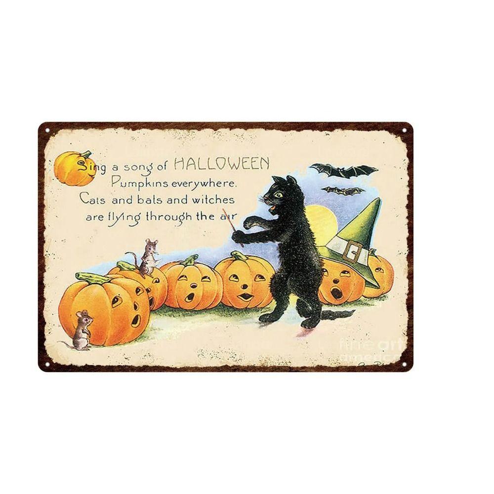 Metal Sign Halloween Cats Pumpkins Wall Decor 20x30 Cm