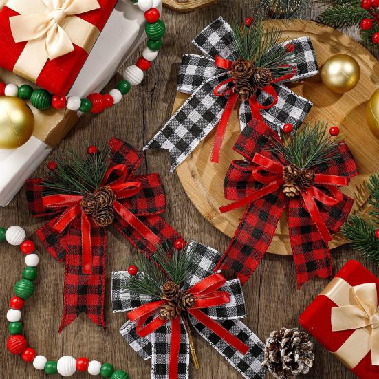Christmas Bows with Pine Cones Pine Needles Buffalo Plaid Ribbon Bows Christmas Tree Wreath Decoration for Gift Wrapping