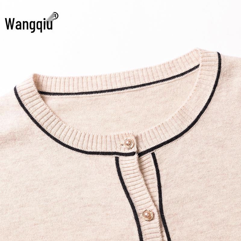 Single-Breasted Long Sleeve Wool Cardigan with Round Neck and Knitted Print 83111