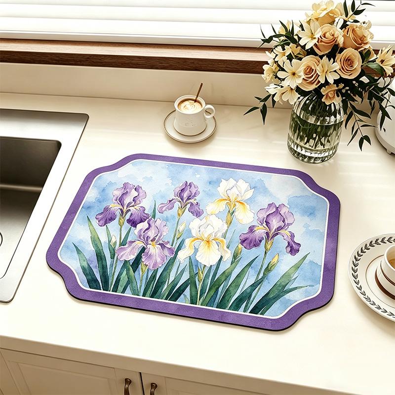 Chinese-Style Irregular Flower & Bird Diatom Mud Coffee Mat: Stain-Resistant, Easy-Clean, Non-Slip Kitchen Draining Mat