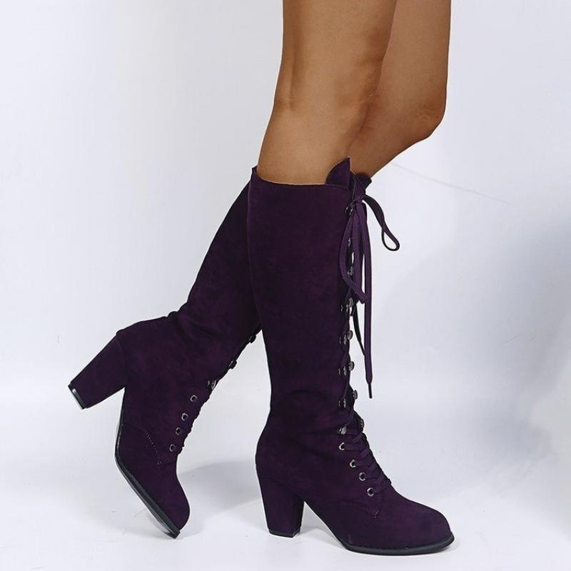 Women's Boots Suede Long Boots 2026 Retro Round Toe Mid-Calf Boots Solid Color Cowboy High Heels Lace Up Thick Heels Women Shoes