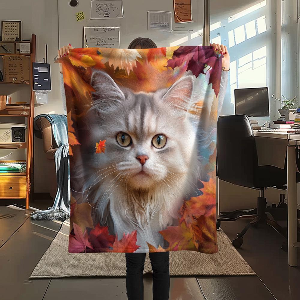 Maple Leaf Cat  Print Flannel Blanket, High quality Comfortable for All Seasons, Home Decor, Warmth and Comfort