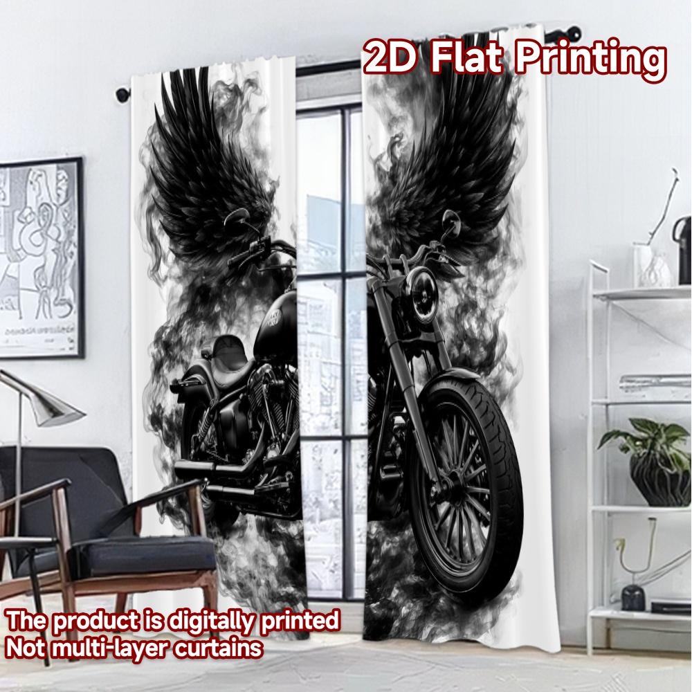 2D FLAT PRINTING 2pcs Curtains (Without Rod) Motorcycle with Black Popular Curtain Yarn Curtains Ramadan Perfect for Bedroom,
