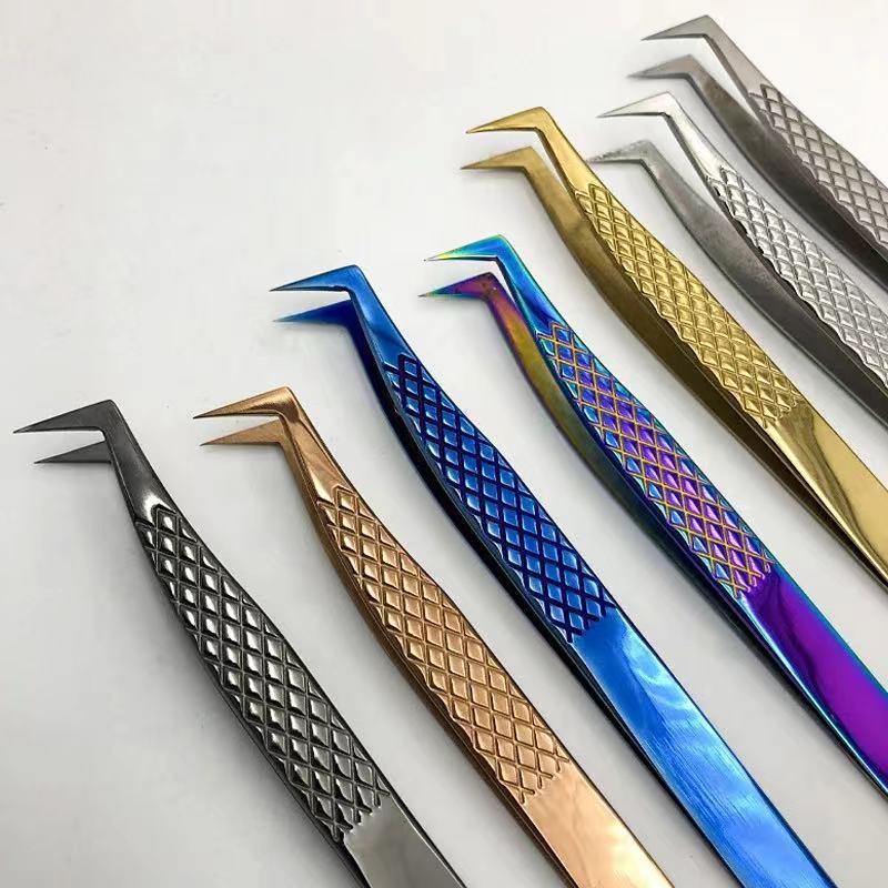 7-Shaped Cross-Stripped Eyelash Extension Tweezers for Grafting and Custom Lashes.