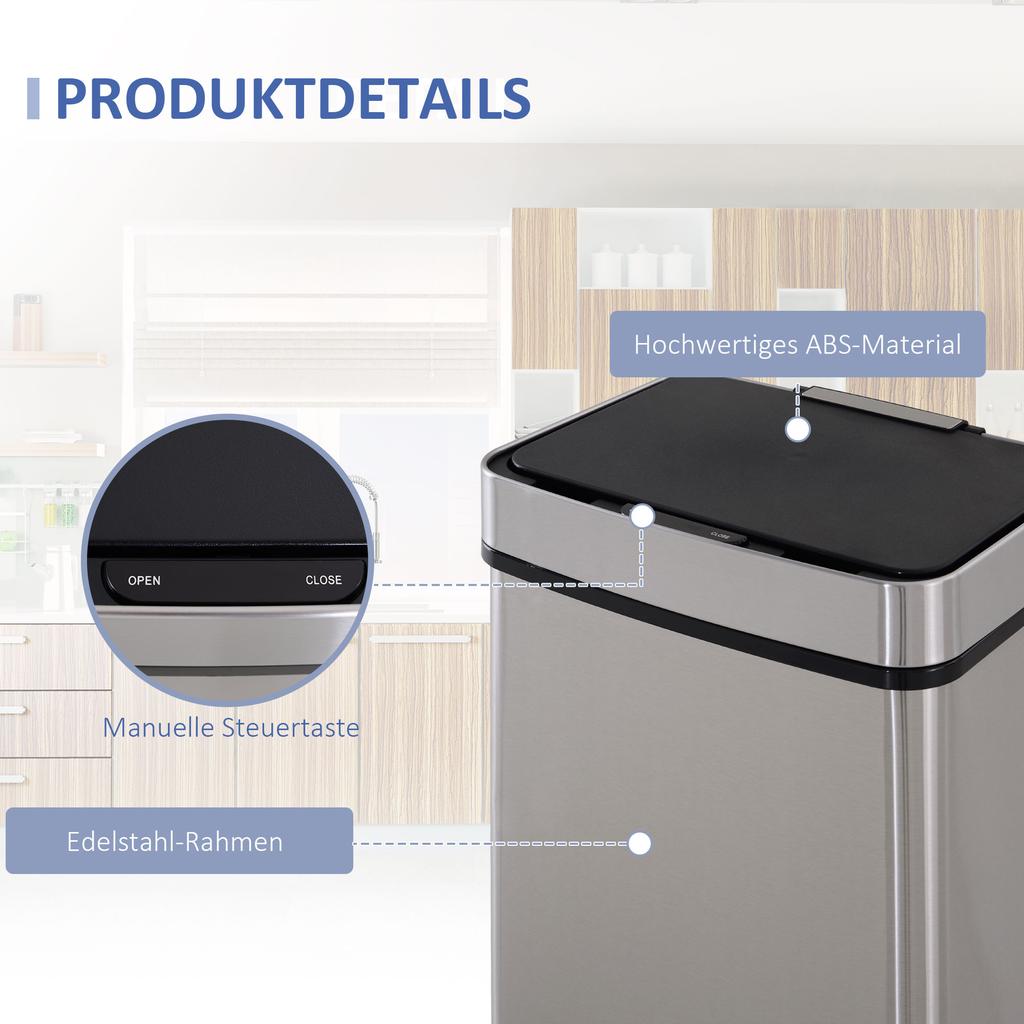 72L Sensor-Recyclingbehälter Edelstahl 3 Fächer für Nass-/Trockenabfall mit abnehmbarem Deckel Küche Zuhause