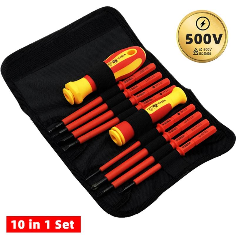 10Pcs Interchangeable Blade Vde Insulated Screwdriver Set With Case Magnetic 500V Home And Professional Use Electricians Tools