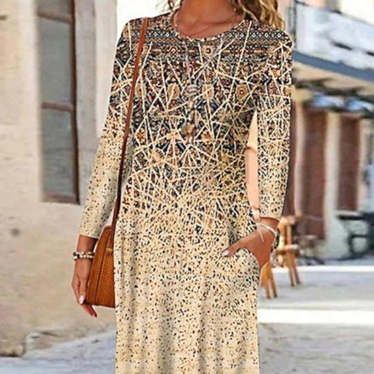Long Sleeve Maxi Dress with Pockets Women Loose A Line O Neck Printing Dress for Dating Commuting Spring Fall Irregular Hem