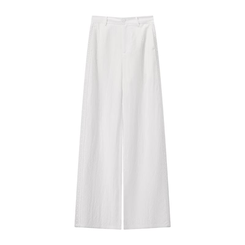 Women s White Lace Patchwork High-Waist Wide-Leg Pants S