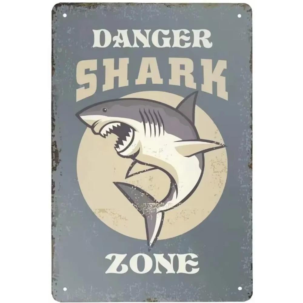 Retro Shark Warning Metal Sign Painted Plaque Perfect for Courtyard Manhole Swimming Pool and Wall Mural Decor
