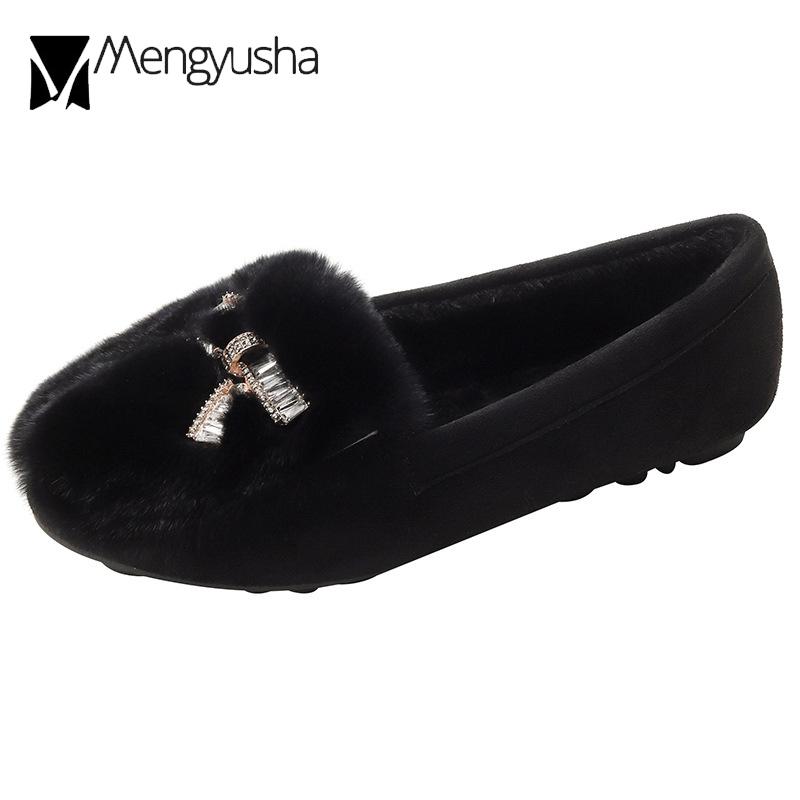 Big Size 43 Rabbit Fur Moccasins Women Crystal Bowtie Flats Round Toe Slip On Fur Snow Shoes Winter Outdoor Shearling Ballerinas