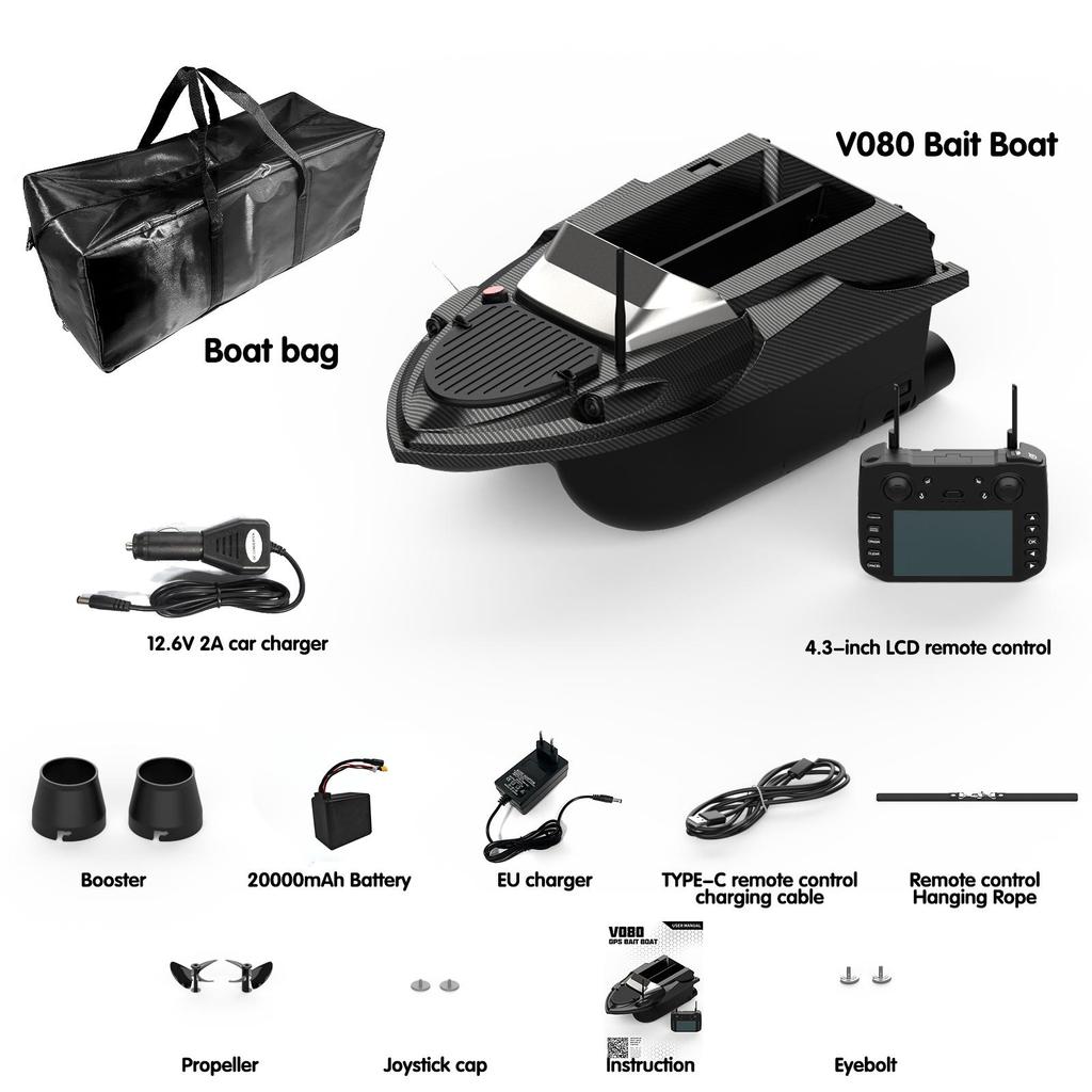 V080 GPS RC Köderboot 800m Fernsteuerung, 180 GPS-Ankerpunkte, 12V 20000mAh, Angel-Nist- & Schleppboot