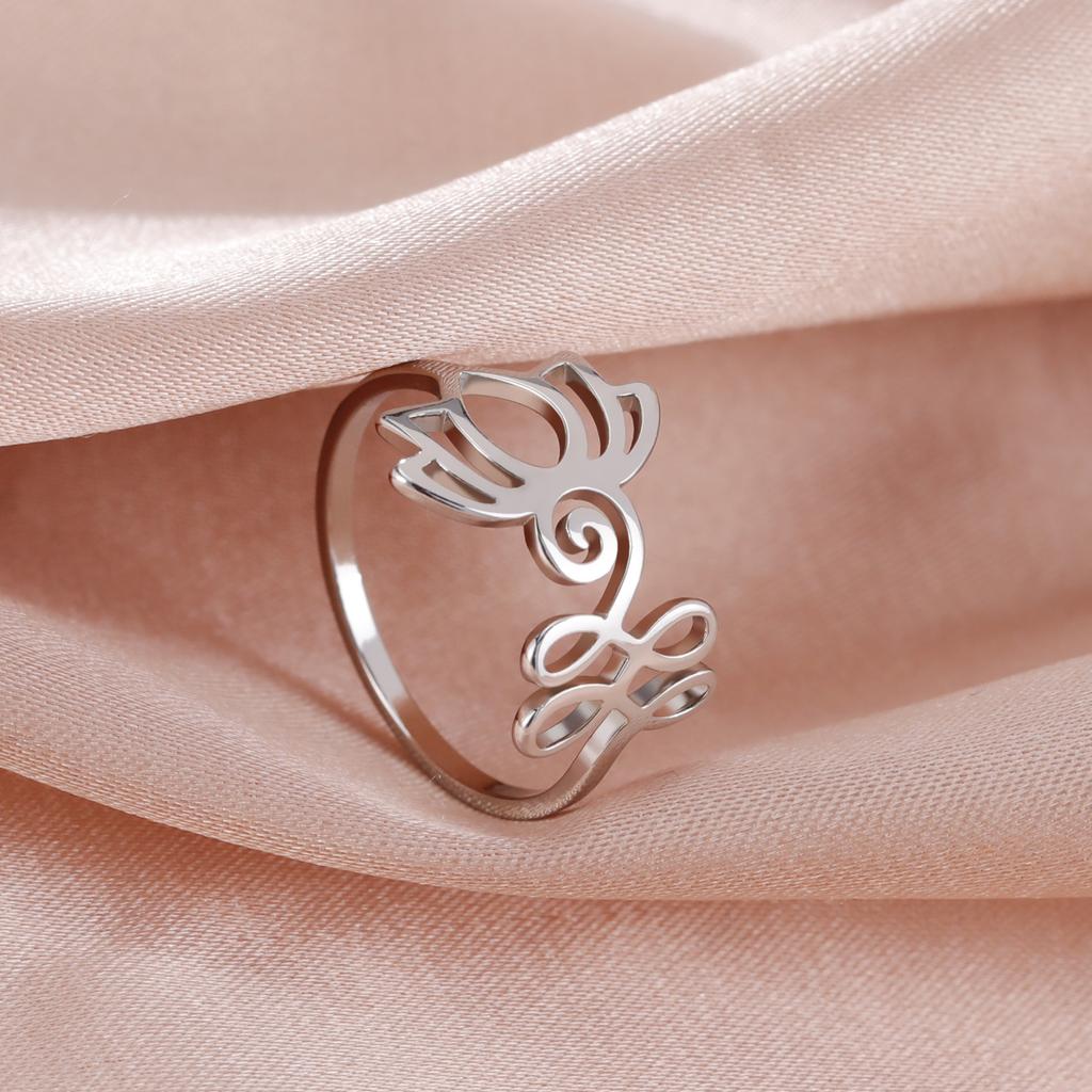 Lemegeton Lotus Flower OM Unalome Symbol Yoga Rings for Women Stainless Steel Buddhism Finger Rings Jewelry for Women