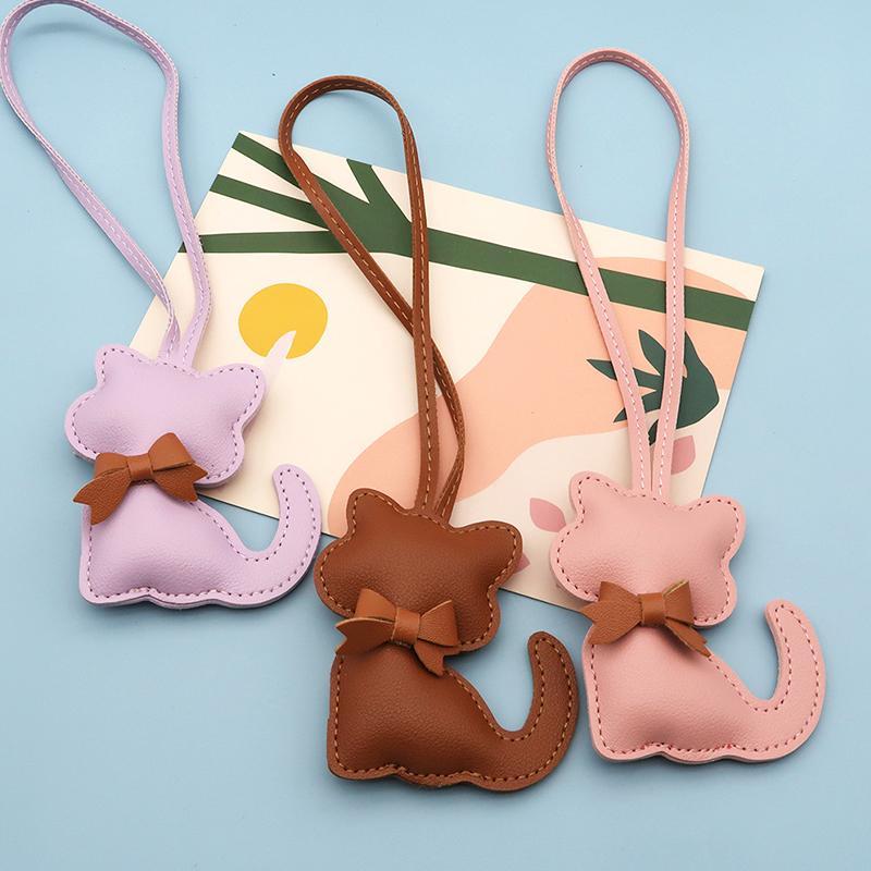 1PC Kitten-Shaped Bags PU Leather Cat Lovers Cat Keychain Luggage Keyring with Brown Bow Tie Gift Multiple Options Available