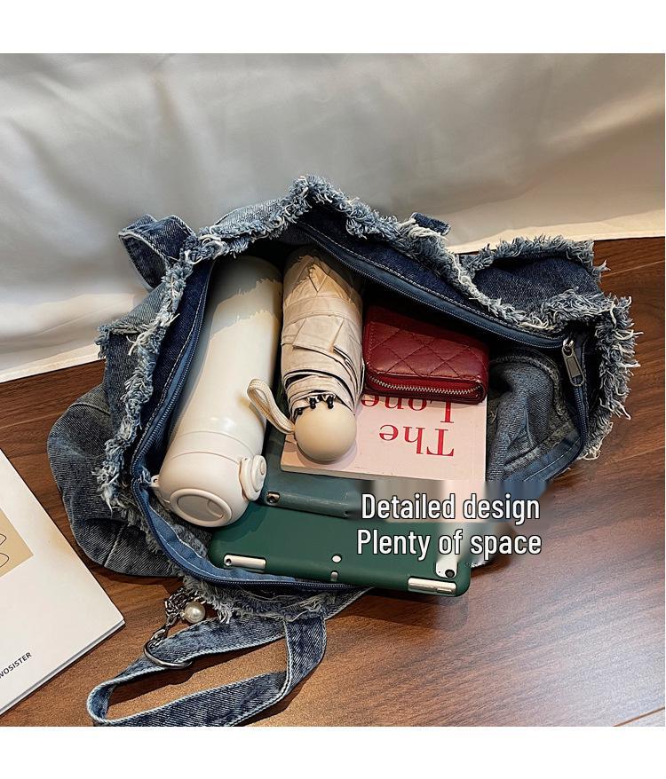 Niche Raw Edge Denim Tote Bag 2025, Women's Large Capacity Commute Shoulder Bag with Fashion Silk Scarf