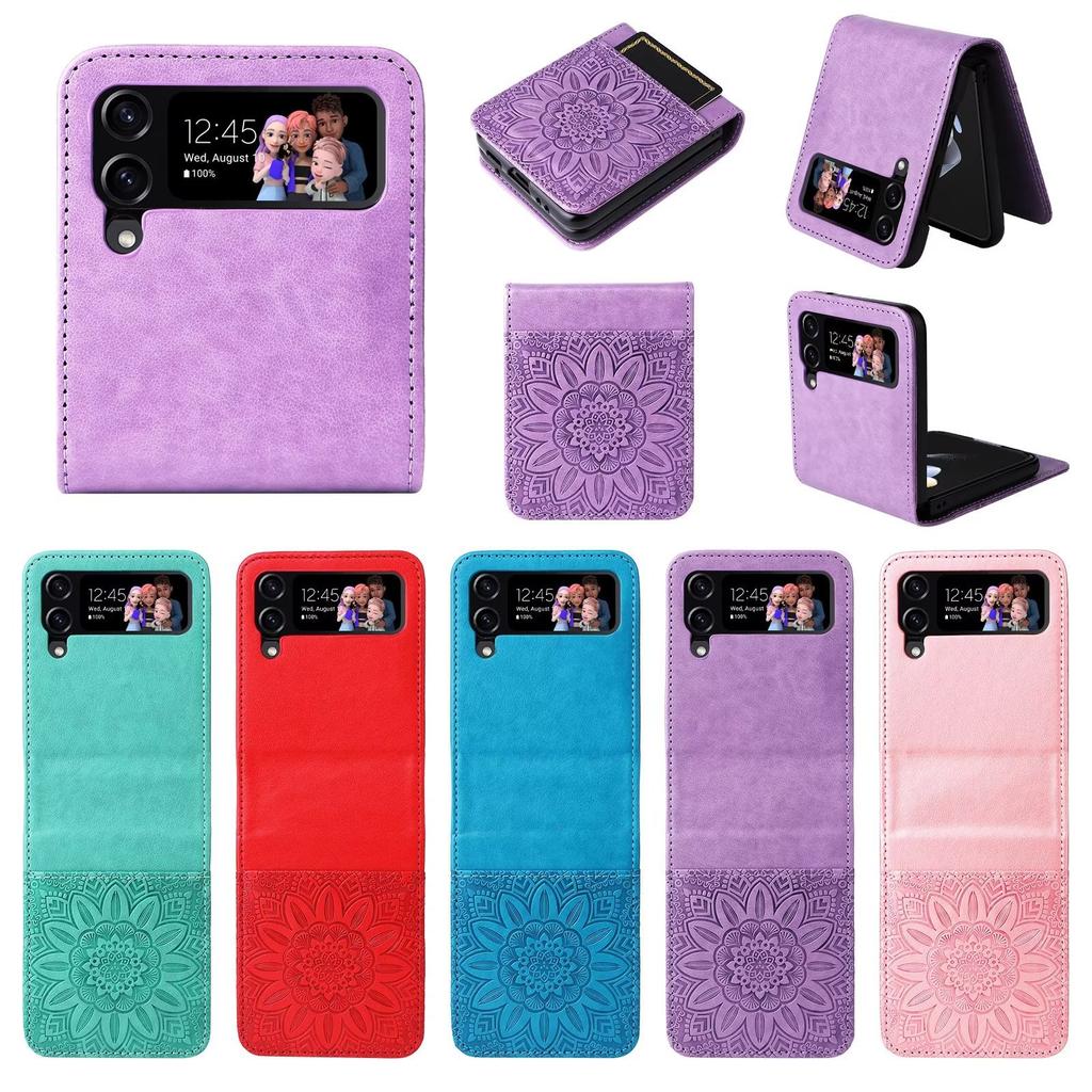 Suitable for Samsung Z Flip4 Mobile Phone Case Z Flip3 Folding Mobile Phone Solid Color Embossed Insert Card Anti-drop Protective Case