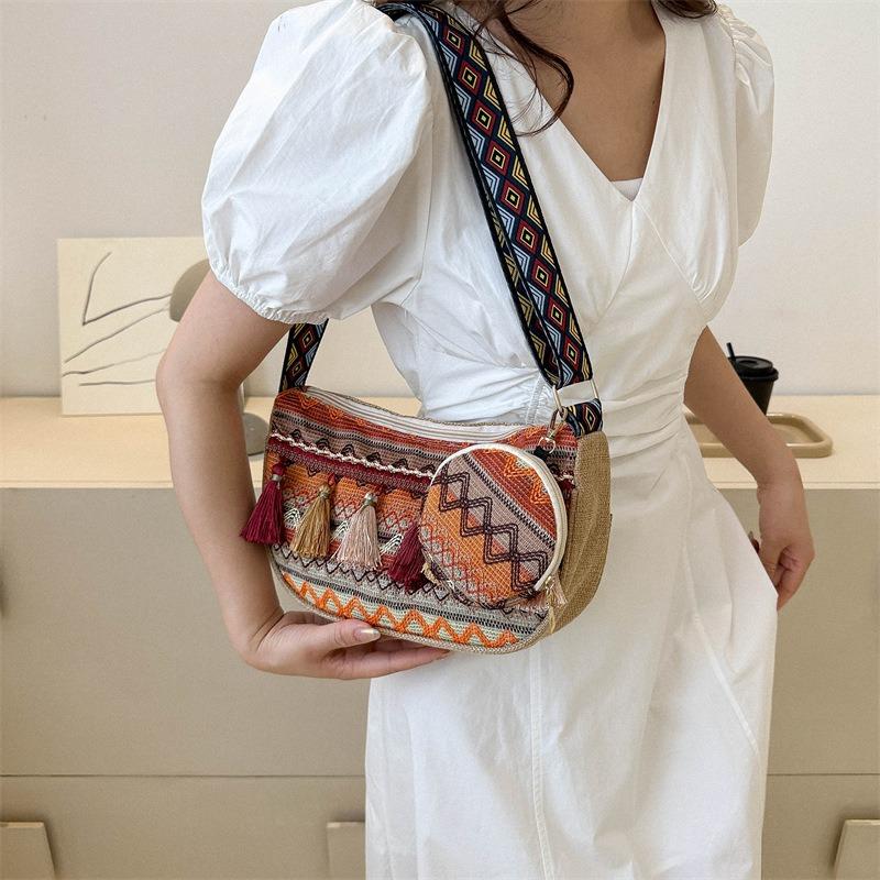 Premium textured women's bag double-sided new fringed woven messenger bag versatile wide shoulder strap women's shoulder bag