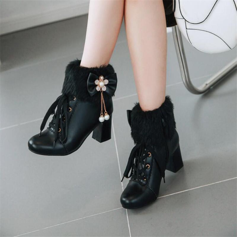 Princeznovské boty s mašlí Dámské lodičky na podpatku Zimní teplé kožešinové Dívčí Svatební párty boty Uniforma Lolita Párty Cosplay Boty Velikost 29-43