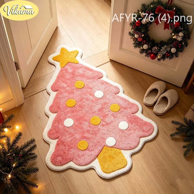 Christmas Pink Tree Ornament Shaped Rug Soft Plush Non Slip Floor Mat for Girls Bedroom Nursery Holiday Home Decor