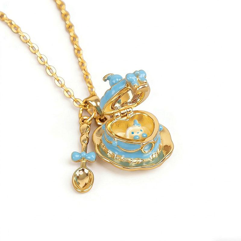 New Fashion Enamel Cup Teaspoon Box Open Pendant Necklace Sweet Clavicle Chain For Women Girls Birthday Gift Jewelry