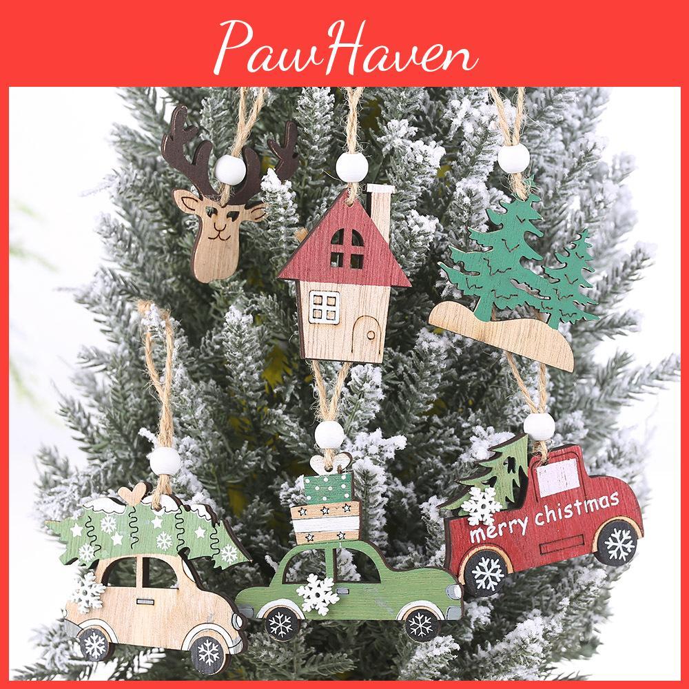 Charming Wooden Christmas Tree Hanging Ornaments Set With Car And Reindeer Designs