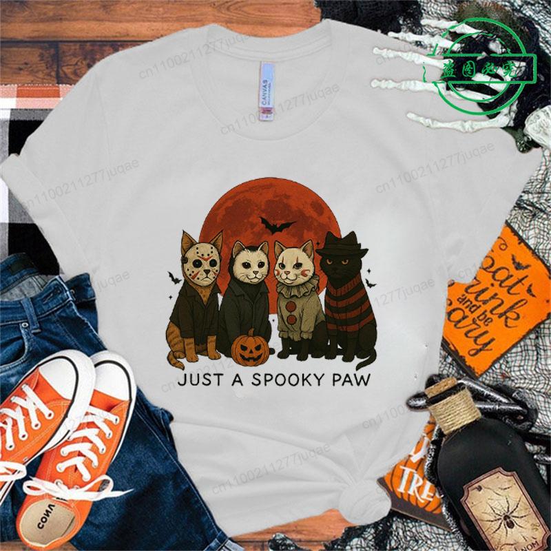 Women Cat Horror Graphic Print T-shirt for Women Girl Short Sleeve Crew Neck Casual Top Just A Spooky Paw Women's Tee Clothing