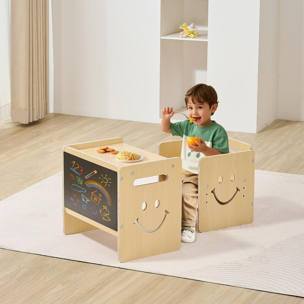 VEVOR Montessori stůl a židle pro odnaučení od plenek, Dřevěný dětský stůl a židle 3 v 1 s tabulí, Montessori stůl s nastavitelnou výškou pro věk 1-5 let
