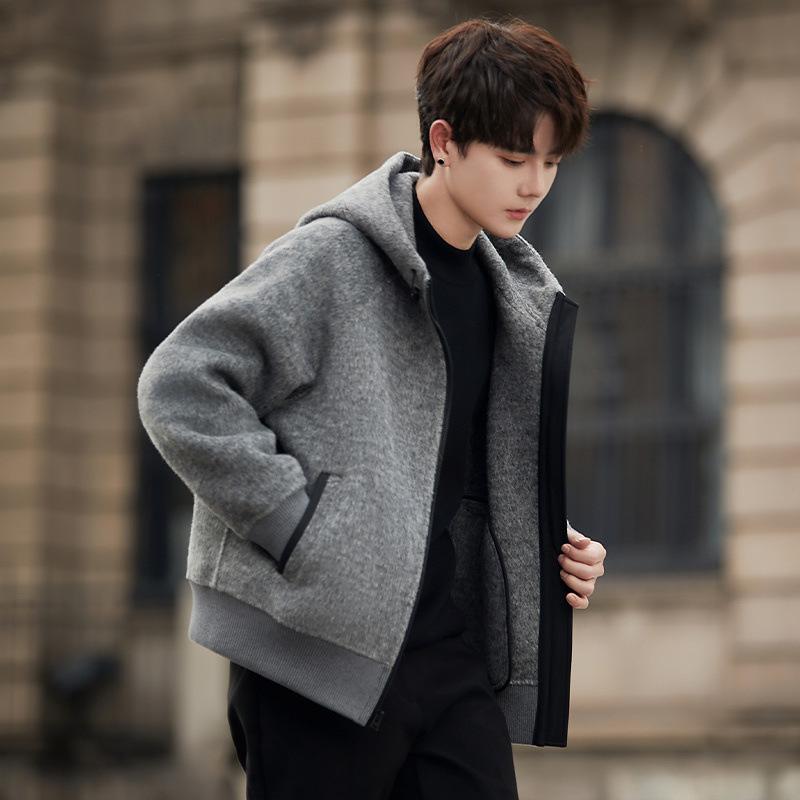 Light luxury hooded wool coat men's autumn thin double-sided wool jacket versatile casual wool jacket