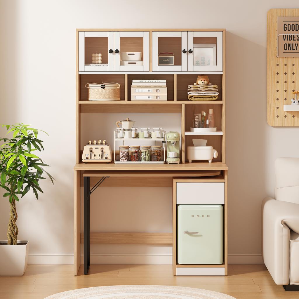 Computer Desk, Shelf Desk, Cabinet Desk Work Table, Cabinet Desk, White Natural 180cm