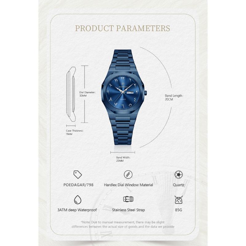 POEDAGAR Elegant Woman Clock Date Week Waterproof Casual Ladies Wristwatch Quartz Stainless Steel Fashion Watches