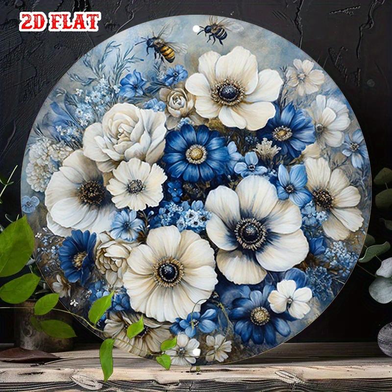 D Flat pc Farmhouse Wall Sign Featuring Rich Blue And White Floral Display Round Print Circular Home Decor Rustic Vintage Meta