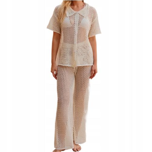 Lace Beach Set Long Trousers T-Shirt For Summer White Women