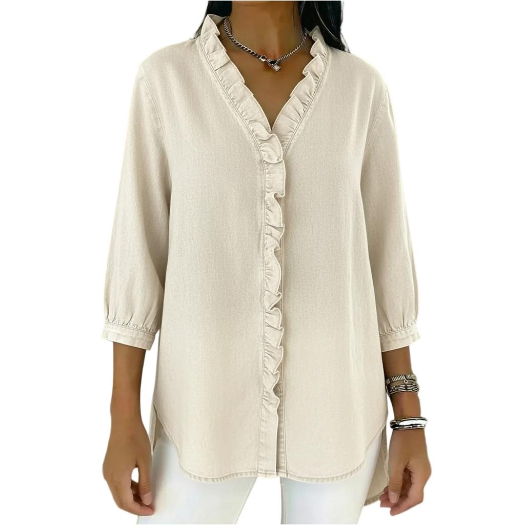 Dámská módní ležérní džínová košile s V-výstřihem a volánky