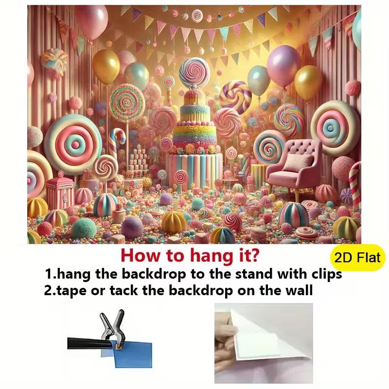 2D Flat Printing Candy Themed Backdrop with Giant Lollipops for Birthday and Baby Shower
