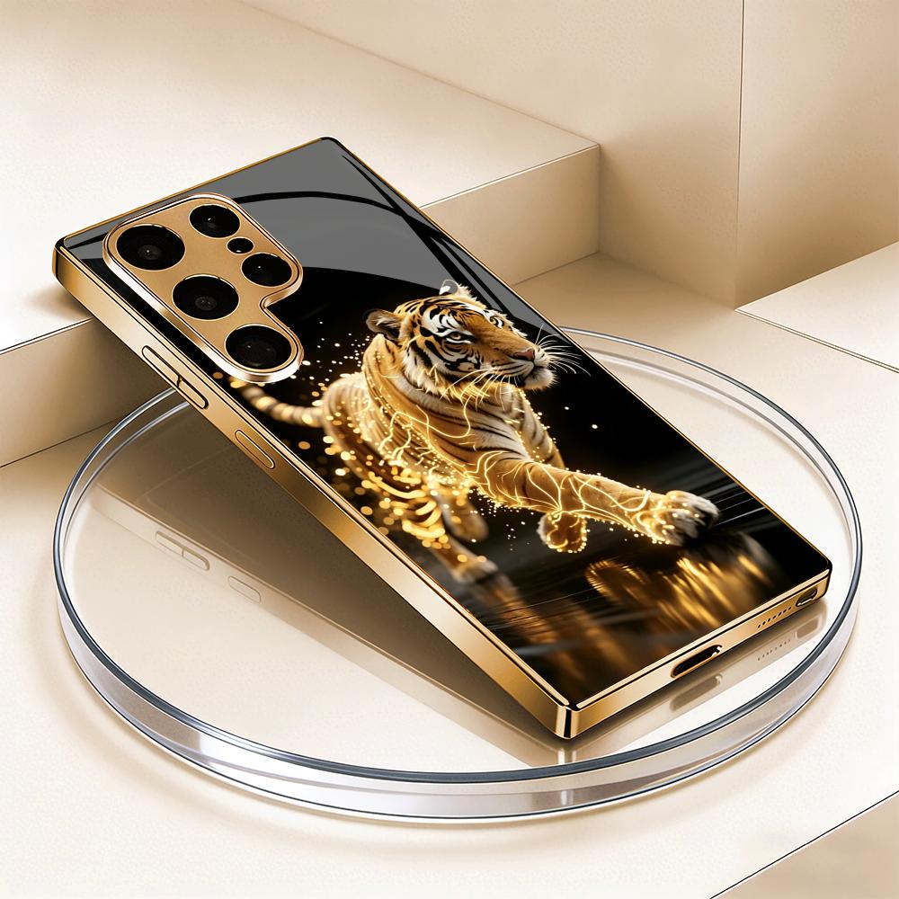 Golden Tiger Metallic Glass Phone Case Suitable for Samsung Galaxy S26 S25 S24 S22 S21 S20 FE/Ultra/Plus Anti Drop Rear Cover
