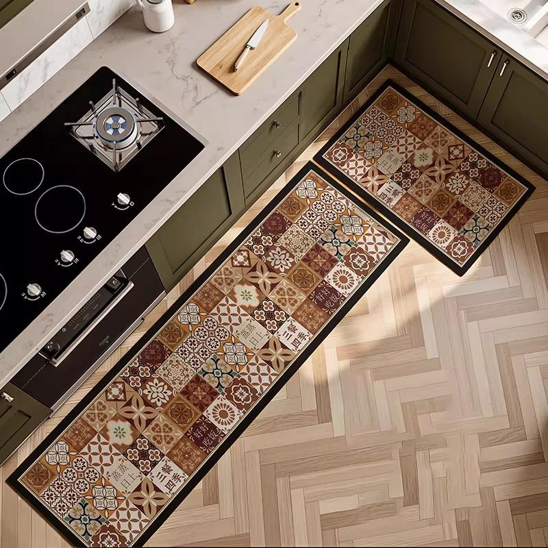Kitchen Carpet PVC Leather Waterproof Oil-proof Non-slip Floor Mat Retro Print Rug Long Size Rugs Home Decor Alfombra De Cocina