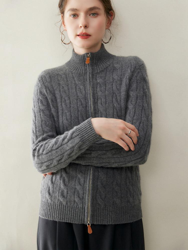 Women's Luxury Heavy-Duty Cable Knit Cashmere Cardigan, High Neck, Double Zipper, Loose Fit, Slimming, Thick Sweater Coat