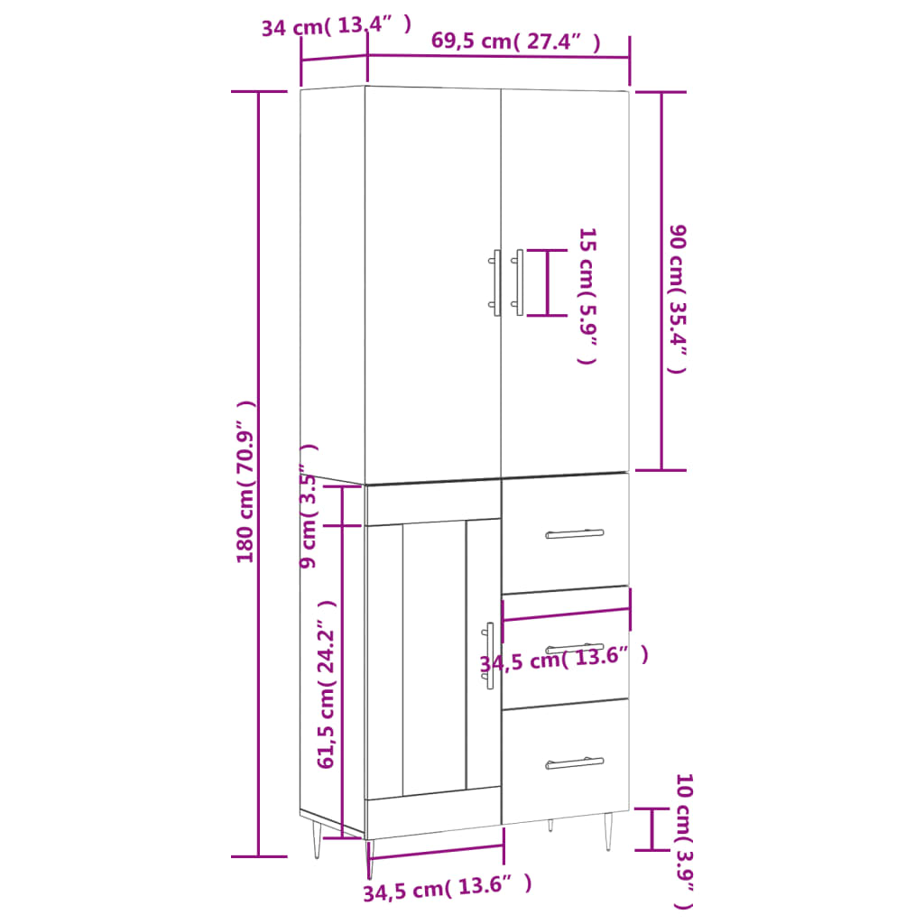 Highboard Concrete Grey 69.5 x 34 x 180 cm Particleboard