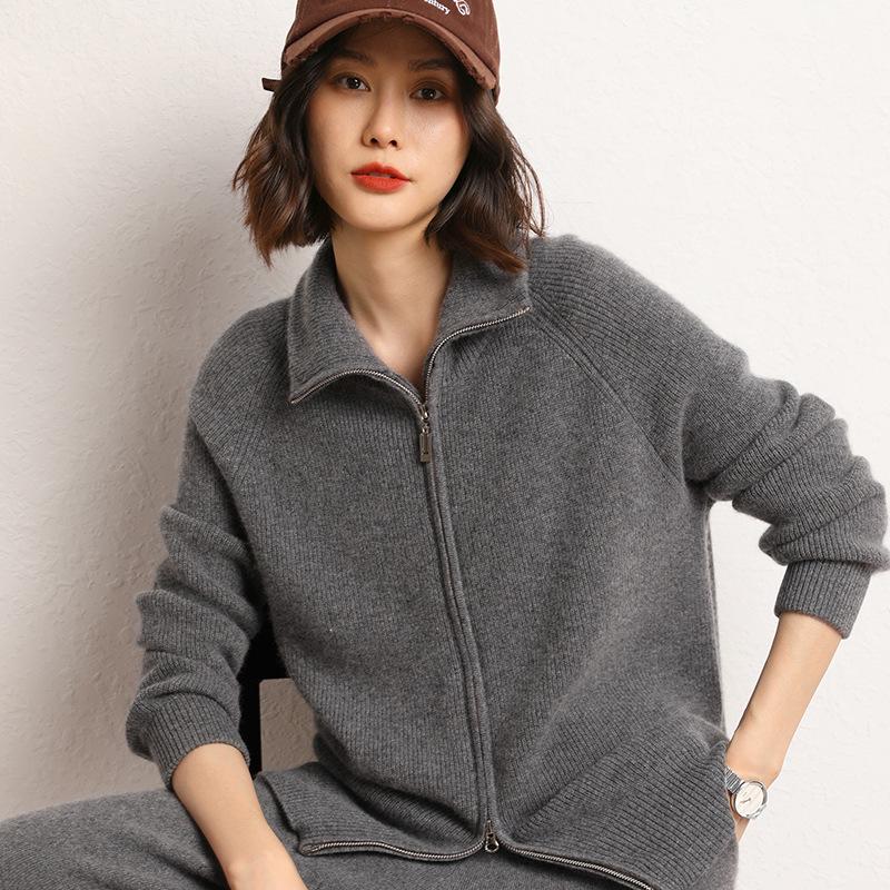Cashmere Loose Polo Lapel Solid Color Double Zipper Knit Cardigan Sweater for Women - 2026 Autumn/Winter Collection.