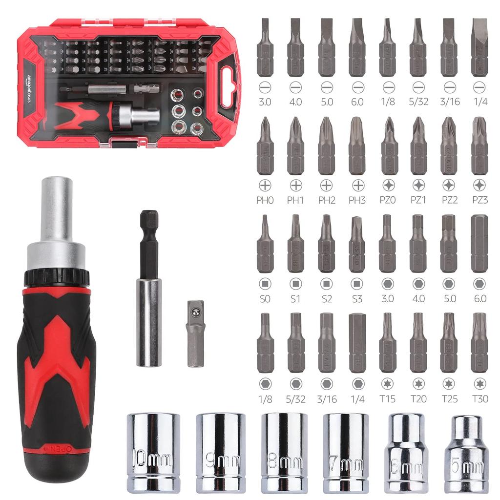 Amazon Basics Magnetic Ratchet Screwdriver 41 Black Set, Pieces, Red,