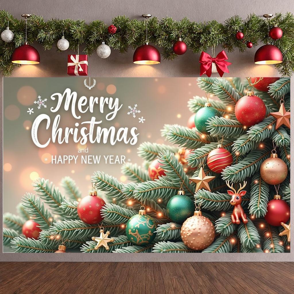 Happy New Year Banner Red Green Gold Colors Merry Christmas Banner Seasonal Banner Lightweight Christmas Decor For Holiday