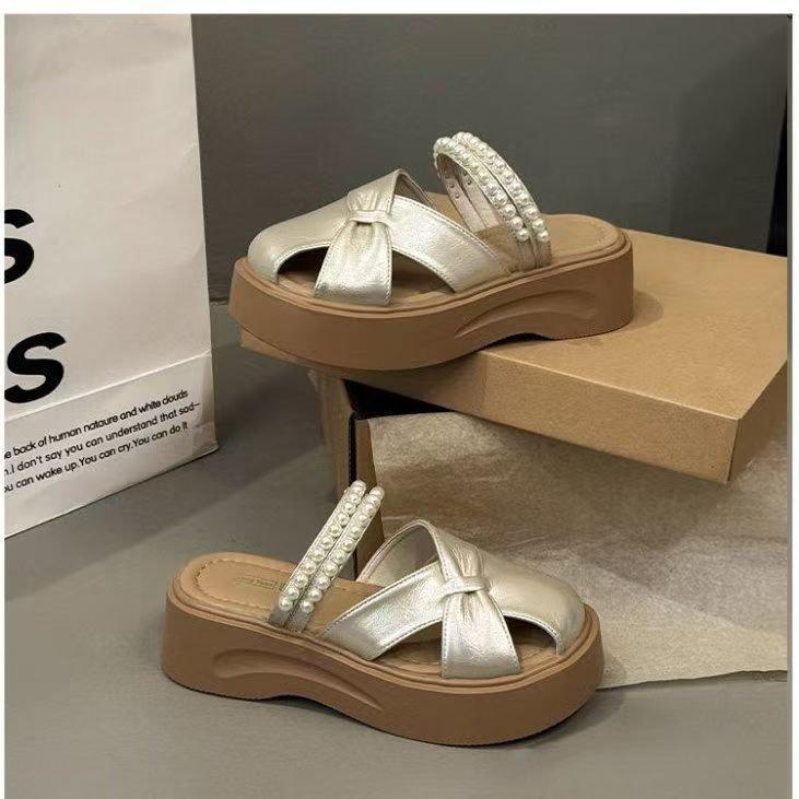 Baotou slippers women's 2025 new summer pearl belt thick bottom heightening design sense hollow one pedal lazy sandals