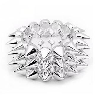 Exaggerated Punk Metallic Texture CCB Three-row Rivet Sharp Cone Elastic Wide Bracelets for Women Hip-hop Trendy Bangle Zircon медный