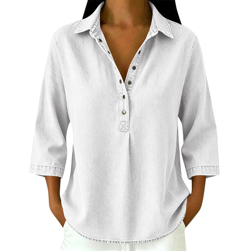 Women's loose-fitting seven-button denim blouse with decorative buttons