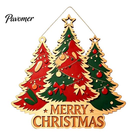 Christmas Front Entrance Sign Wooden Hanging Ornament, Multi-Layer Tree Wood Plaque Vintage Window Decor with Rope, Merry Festive Door Wall