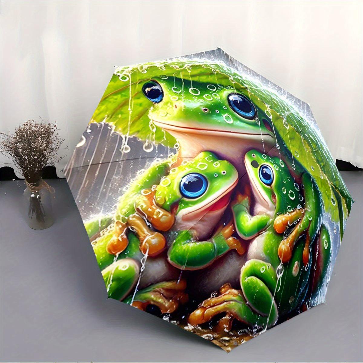

Automatic Open/Close Folding Umbrella with Cute Green Frog & Raindrop Design - 8-Rib Compact Travel Umbrella with Ergonomic Ha Iron&8K
