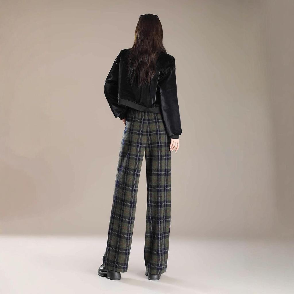 Women's Retro Wool Plaid Velvet-Lined Wide-Leg Pants