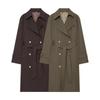 2025 Herbst Damen Langer Trenchcoat Revers mit Kerbe Zweireihig Gürtel Schmale Taille Britischer Stil Einfarbig Lässig