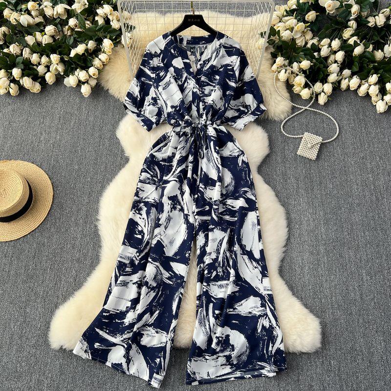 

INS Vacation Wear Women Fashion Fancy High Waist Slim Looking Elegant Short Sleeve Print Loose Pants Casual Jumpsuit Royal Blue One size