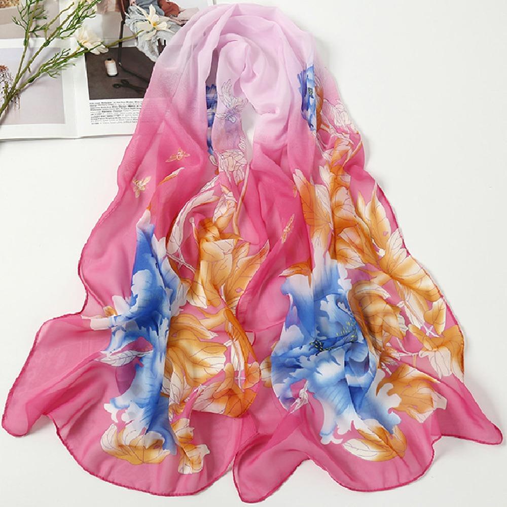 Fashion 160*50cm Chiffon Scarf Sunscreen Flower Print Shawl Silk Gradient Washable Long Wrap Shawl for Women