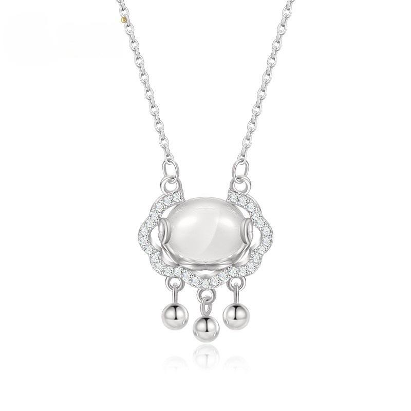 Chalcedony Long Life Ruyi Necklace: Elegant Safety Lock Bell, Versatile Chinese Clavicle Chain Design.